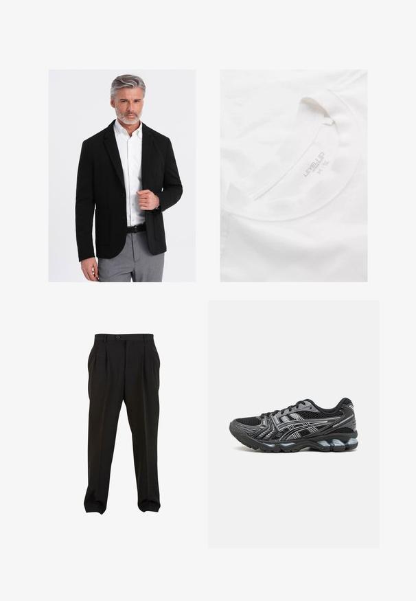 Blazer nero con una vestibilità su misura, bottone singolo, rever e tasche frontali, abbinato a una camicia bianca e a un paio di pantaloni grigi chiari con motivo.; T-shirt bianca in cotone con scollo rotondo e una texture morbida. Presenta un'etichetta stampata all'interno del colletto con la dicitura "LEVEL UP" e informazioni sulla taglia.; Pantaloni neri in tessuto morbido, con pieghe frontali, vita con bottone e polsini a gamba affusolata. Silhouette classica e sartoriale.; Scarpa sportiva nera con tomaia in mesh, dettagli argento e suola ammortizzata. Presenta un design con lacci e una suola testurizzata per una buona aderenza.