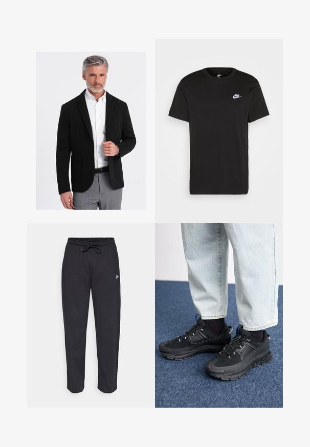 Schwarzes Blazer mit taillierter Passform, einem Knopf, Revers und Vordertaschen, kombiniert mit einem weißen Hemd und hellgrauen gemusterten Hosen.; Schwarzes Baumwoll-T-Shirt mit kurzen Ärmeln, Rundhals und kleinem weißem Nike-Logo auf der oberen linken Brust. Glatte Textur. Klassische Passform.; Schwarze Sweatpants aus weichem Stoff mit elastischem Bund, Kordelzug und kleinem Nike-Logo auf dem linken Oberschenkel.; Schwarze Sportschuhe aus strukturiertem Stoff mit Gummisohlen, ausgestattet mit elastischen Schnürsenkeln und einem blauen Akzent an der Ferse. Getragen mit hellen Jeans.