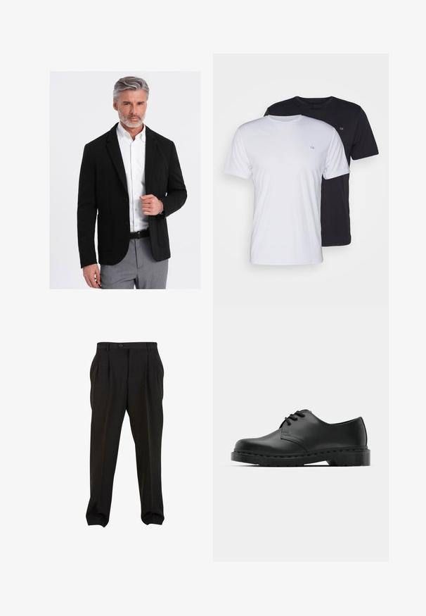 Blazer nero con una vestibilità su misura, bottone singolo, rever e tasche frontali, abbinato a una camicia bianca e a un paio di pantaloni grigi chiari con motivo.; Due magliette in cotone, una bianca e una nera, a maniche corte con scollo tondo, caratterizzate da un piccolo logo sul petto e una trama liscia.; Pantaloni neri in tessuto morbido, con pieghe frontali, vita con bottone e polsini a gamba affusolata. Silhouette classica e sartoriale.; Scarpa oxford in pelle nera con design con lacci, punta arrotondata, suola piatta in gomma e dettagli di cucitura discreti lungo la parte superiore.