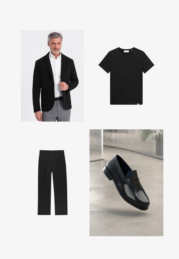 Zwarte blazer met een getailleerde pasvorm, enkele knoop, revers en voorzakken, gecombineerd met een witte blouse en lichtgrijze gestreepte broek.; Zwarte T-shirt met korte mouwen van katoen, met een ronde hals en een klein logo geborduurd op de borst. Soepele textuur, normale pasvorm.; Zwarte broeken met een recht model, gemaakt van een gladde stof. Voorzien van een voorplooien en een enkele knoopsluiting bij de taille.; Zwarte leren loafers met een gladde afwerking, een afgeronde neus, decoratieve stiksels en een licht verhoogde zool.