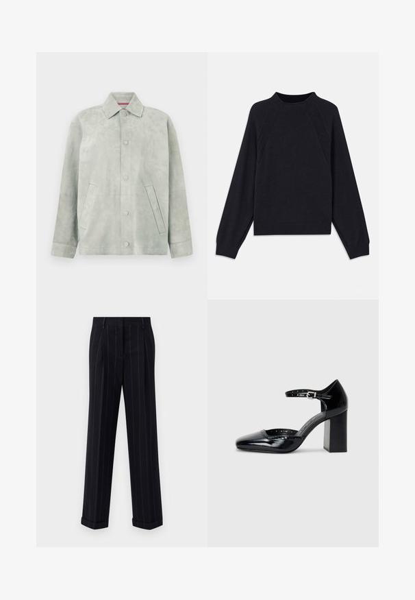 Veste en daim gris clair avec fermeture à boutons, col pointu, manches longues et poches latérales inclinées sur un fond uni.; Pull en marine foncé avec un col rond, des manches raglan longues, des poignets côtelés et un ourlet droit. Fabriqué en un matériau tricoté doux et texturé.; Pantalons noirs à rayures fines avec une coupe ajustée, dotés d'un ourlet à revers et de plis avant. Fabriqués en tissu lisse avec un design structuré.; Chaussures à talons hauts en cuir verni noir avec un bout carré, une bride de cheville et un talon épais. Comprend des détails perforés le long du bord.
