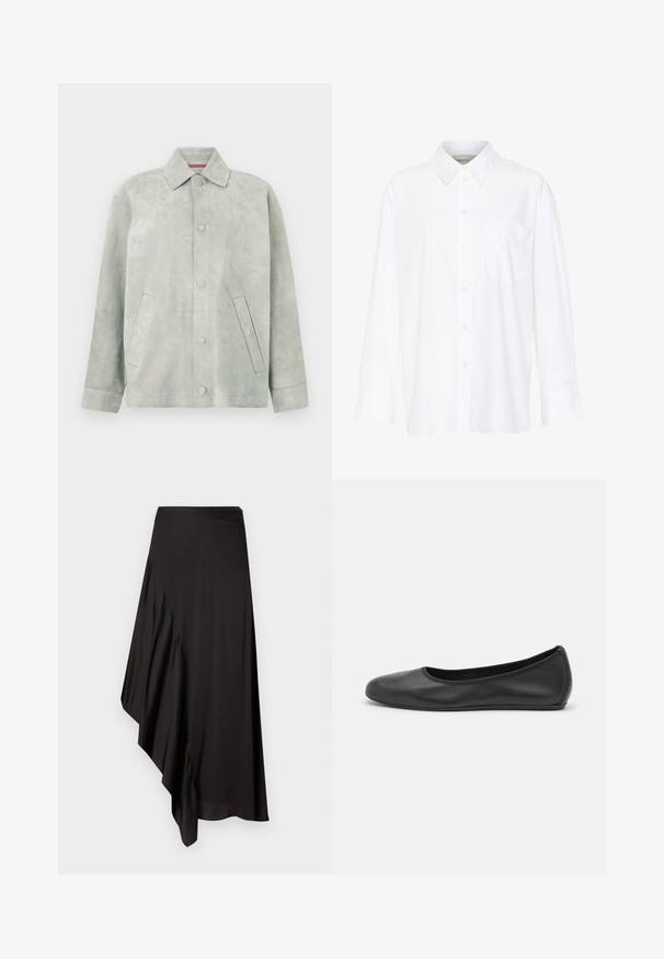 Veste en daim gris clair avec fermeture à boutons, col pointu, manches longues et poches latérales inclinées sur un fond uni.; Chemise blanche à manches longues avec col, en coton. Présente un devant à boutons et une poche poitrine unique. Texture lisse, coupe décontractée.; AERON ASTER SKIRT - Jupe crayon - black; Ballerines en cuir noir avec un bout rond, texture lisse, détails de couture minimalistes et design de semelle flexible.