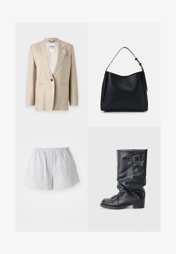 Bežs lina bleizeris ar vienu melnu pogu, ar iedobtiem uzvalka apkaklēm, divām priekšējām kabatām un brīvu piegriezumu. Bez oderes.; Divi melni kokvilnas t-krekli ar apaļiem kakliem, īsām piedurknēm un gludu tekstūru. Katrs krekls ir identisks, uzrādot zīmola etiķeti kakla apgabalā.; Svītraini šorti gaiši zilā un baltā kokvilnā, ar elastīgu jostu un brīvu piegriezumu, ar sānu atverēm ērtai kustībai.; Melnas ādas zābaks ar salocītu šahtu, aprīkots ar divām sudraba sprādzēm. Noapaļota purngala un zema, plakanā zoles dizains. Gluda tekstūra, minimāls noformējums.; Melna ādas hobu soma ar vienu plecu siksnu, gluda tekstūra, sašaurināts augšdaļa un minimālistisks dizains bez redzamiem piederumiem.; Pilgrim UNFOLD - Kaklarota - silver-coloured