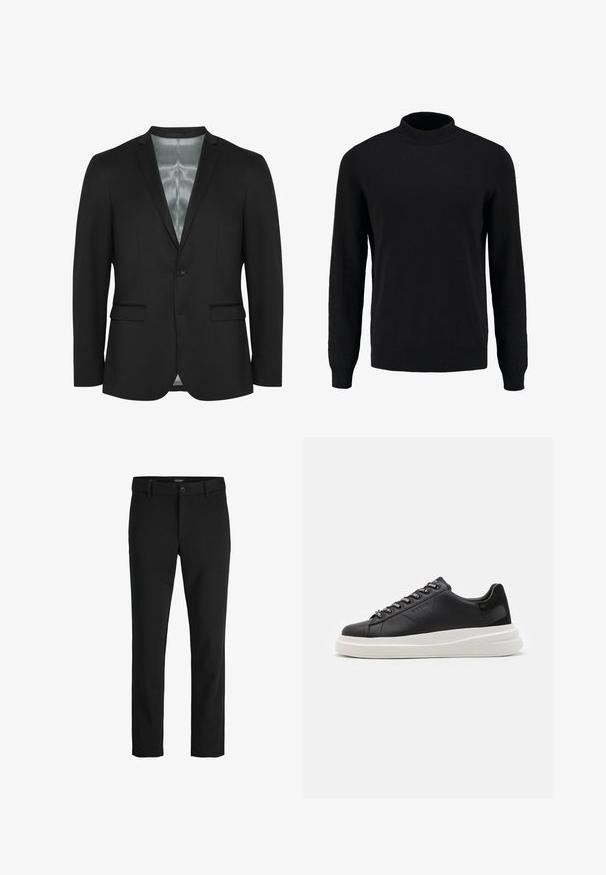 Črn blezer s tesnim krojem, enojnim gumbom, dvema sprednjima žepoma in satensko podlogo. Gladek, teksturiran material s klasičnim dizajnom.; Črna pletena pulover s visokim ovratnikom, dolgimi rokavi ter rebrastimi manšetami in robom, ki se ponaša z nemotečim teksturo in klasično silhueto.; Črne hlače iz gladkega blaga, s klasičnim dizajnom, ravnim krojem, sprednjim gumbom za zapiranje in stranskimi žepi.; Črne usnjene teniske z belim gumijastim podplatom, ki imajo ravne vezalke in blagovno znamko na ošitih luknjah. Mehka tekstura s kontrastnim stranskim poudarkom.