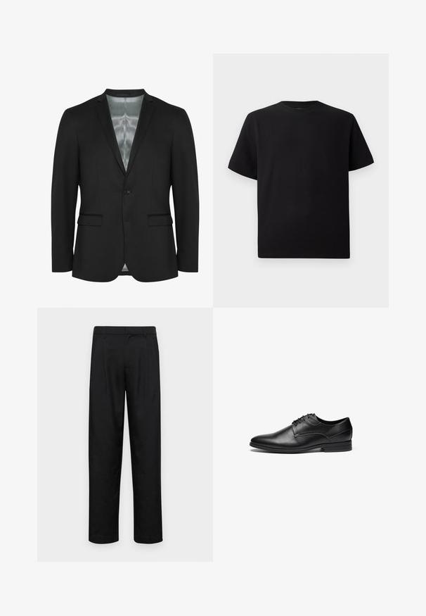 Melnā žakete ar šauru piegriezumu, vienu pogu, divām priekšējām kabatām un satīna odere. Gluda, strukturēta auduma ar klasisku dizainu.; Melnās īsām piedurknēm T-krekls no teksturēta auduma, ar apaļu kakla izgriezumu un brīvu piegriezumu. Vienkāršs, bez rakstiem vai akcentiem.; Melnas bikses, izgatavotas no gludas auduma, ar taisnu kāju dizainu, divām priekšējām krokām un standarta jostu, kurai ir āķi.; Melnas ādas kleita apavi ar gludu tekstūru, noapaļotu purngali, un četriem acs caurumiem saites dizainu. Iezīmējas ar zemu kaudzīti un izšūšanas detaļām.