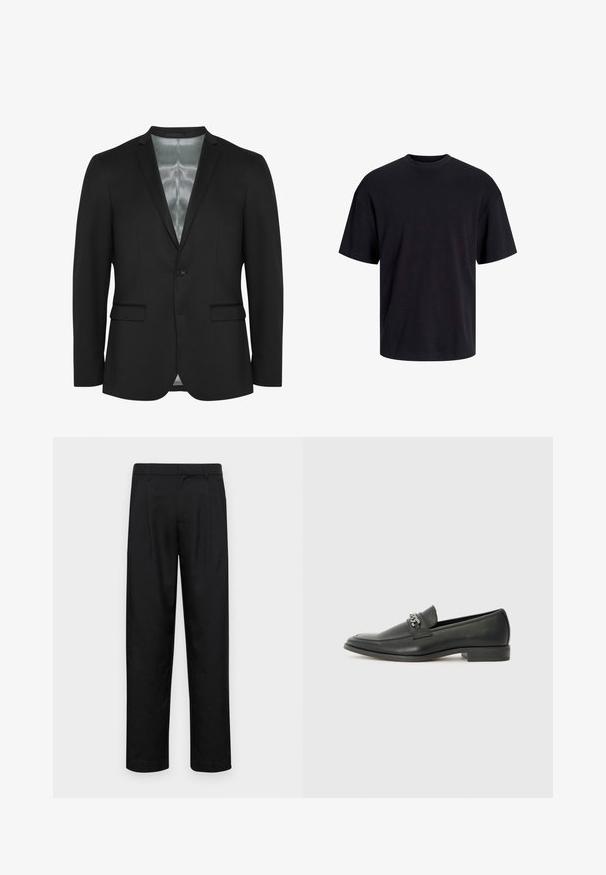 Melnā žakete ar šauru piegriezumu, vienu pogu, divām priekšējām kabatām un satīna odere. Gluda, strukturēta auduma ar klasisku dizainu.; Melns kokvilnas T-krekls ar apaļu kakla izgriezumu, īsām piedurknēm un brīvu piegriezumu. Gluda tekstūra un nav redzamu rakstu vai akcentu.; Melnas bikses, izgatavotas no gludas auduma, ar taisnu kāju dizainu, divām priekšējām krokām un standarta jostu, kurai ir āķi.; Melna ādas loafer izmēra apavi ar gludu virsmu, piedāvā ar šūtu dizainu un dekoratīvu metāla ķēdes akcentu pār vampu. Plakana papēža daļa.