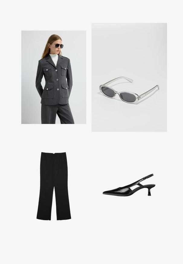 Grå skræddersyet blazer med fire påsyede lommer, sølvknapper og en struktureret krave, parret med grå bukser og en hvid turtleneck.; Sort ærmeløs crop top lavet af glat stof, med rund hals og et rent, enkelt design uden mønstre eller hardware.; Sorte bukser med lige pasform, der har frontlommer og slidser i kanten. Lavet af blødt, glat stof. Velegnet til forskellige anledninger.; Sorte patentlæder slingback hæle med spids tå, udskåret sideskærm og en lille firkantet hæl. Glat tekstur med minimale detaljer.; Solsikker med oval form, klar plastramme, mørkegrå linser og tynde gennemsigtige arme med logovariationer og minimal detaljer.