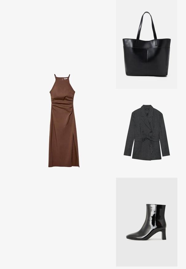 Schwarz-grauer karierter Blazer mit doppelter Knopfleiste, Taillengürtel, Reverskragen und zwei Vordertaschen. Strukturierte Stoffoberfläche.; Stradivarius HALTER - Etuikleid - dark brown; Schwarzer Lackleder-Stiefelette mit spitzer Zehe und einem mittelhohen Blockabsatz. Glatte Textur und minimalistisches Design.; Schwarze Leder-Shopper-Tasche mit zwei langen Griffen, einer glatten Textur und einer strukturierten Form. Verfügt über eine Vordertasche für zusätzlichen Stauraum.