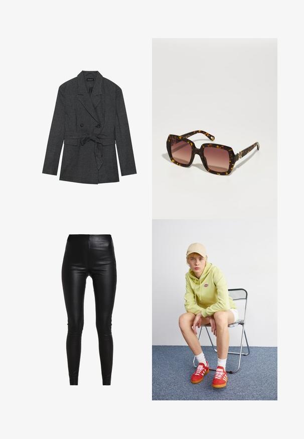 Czarna i szara w kratę marynarka o podwójnym zapięciu, z paskiem w talii, klapami w kształcie notcha oraz dwoma przednimi kieszeniami. Teksturowana wykończenie materiału.; Szary sweter z golfem z dzianiny, charakteryzujący się luźnym krojem, prążkowanymi mankietami i dołem oraz teksturowanym splotem. Tył jest prosty, bez dodatkowych detali.; Czarne legginsy z sztucznej skóry o wysokim stanie, dopasowanym kroju, gładkiej fakturze oraz bez widocznych szwów czy ozdób.; Jasnozielona bluza z kapturem z logo, białe szorty, czerwone buty sportowe w białe paski, siedzący na chromowanym składanym krześle na neutralnym tle.; CHLOÉ - Okulary przeciwsłoneczne; Czarna skórzana torebka o zaokrąglonym kształcie, z metalowymi elementami w kolorze złotym i górnym uchwytem. Posiada eleganckie zapięcie i gładką fakturę.