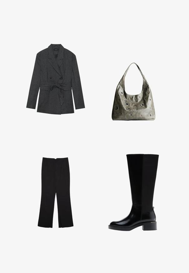 Blazer a quadri neri e grigi con design doppiopetto, cintura in vita, revers a punta e due tasche frontali. Finitura in tessuto texturizzato.; Top nero a maniche corte realizzato in tessuto liscio; presenta un colletto drappeggiato e un orlo asimmetrico, con una vestibilità aderente.; Pantaloni neri a gamba dritta, con tasche frontali e spacchi laterali all'orlo. Realizzati in tessuto morbido e liscio. Adatti a diverse occasioni.; Stivale nero fino al ginocchio in pelle liscia, con evidenti cuciture, tacco spesso e pannello posteriore testurizzato per un tocco di interesse in più.; Borsa a tracolla in pelle verde oliva con un design morbido, caratterizzata da tagli circolari di diverse dimensioni e dettagli in tonalità più scure e più chiare.