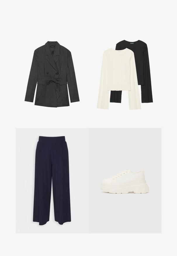 Mustavalkoinen ruudullinen bleiseri, jossa on kaksinkertainen nappisaumapinta, vyötärösolki, lovetut kaulukset ja kaksi etutaskua. Teksturoitu kangaspinta.; Kaksi pitkähihainen puseroa valkoisena ja mustana. Varren neulos, pyöreä kaulus, tiukka malli, jossa on hieman levenevät hihat.; Leve-leggings leve em tecido azul marinho escuro com textura ribbed. Apresenta uma cintura suave e uma silhueta fluida, alcançando o comprimento até a metade da panturrilha.; Valkoinen kangaskenkä paksulla pohjalla, pyöreällä kärjellä ja viidellä nauhakuutiolla. Takareunan vipu helpottaa pukemista. Sileä pinta, minimalistinen muotoilu.