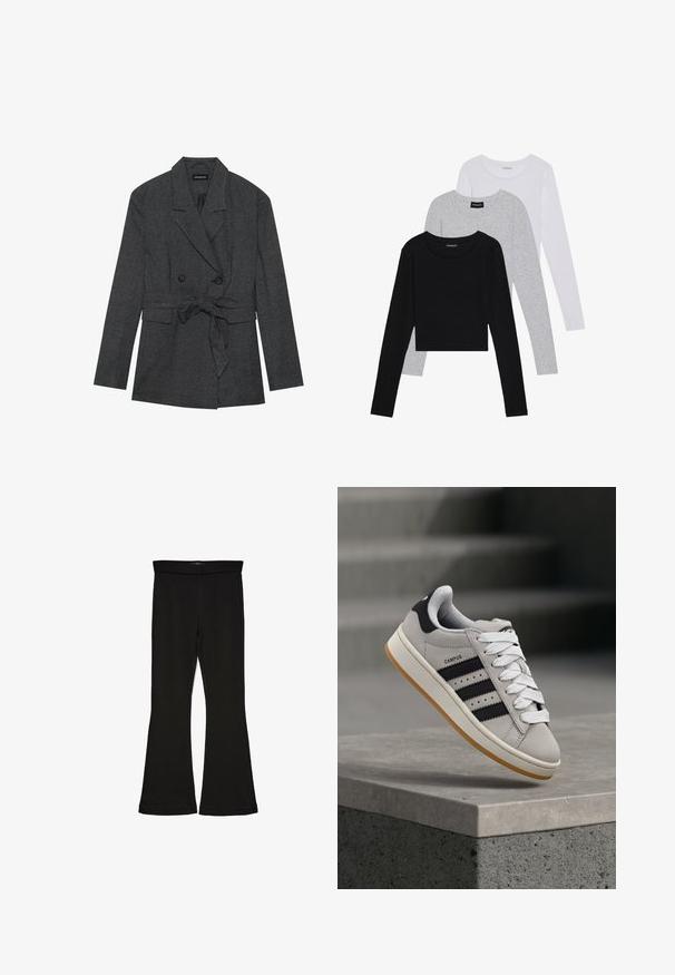 Svart og grå rutete blazer med dobbelknappeløsning, belte i midjen, spisse slag og to frontlommer. Teksturerte stoffdetaljer.; Tre lange ermer t-skjorter stablet: svart, grå og hvit. Hver har en rund hals og et kort design med glatt, lett stoff.; Sorte flared leggings laget av stretchy stoff. Har en bred midjebånd og en glatt tekstur, med en tettsittende silhuett som blir videre nedover.; adidas Originals CAMPUS 00S W - Joggesko - crystal white/core black/off white