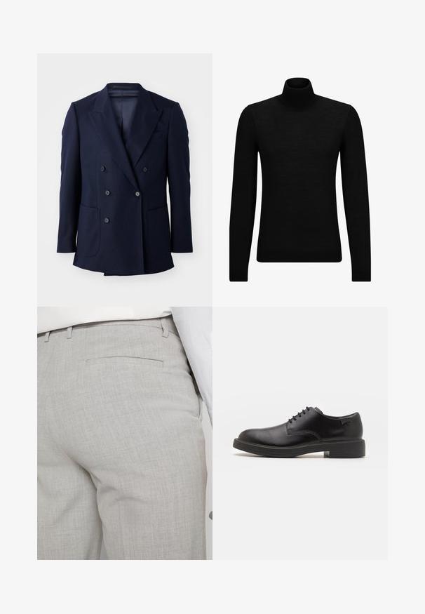 Granatowa marynarka dwurzędowa, z teksturowanej tkaniny, z wyłogami, dwiema dużymi przednimi kieszeniami i sześcioma czarnymi guzikami.; Czarny sweter z golfem wykonany z miękkiego materiału, z długimi rękawami i dopasowanym krojem. Żebrowane wykończenie na dolnym brzegu i mankietach. Prosty design.; Jasnoszare, dopasowane spodnie wykonane z fakturowanej tkaniny, z pojedynczą tylną kieszenią i starannym przeszyciem.; Czarny skórzany but za kostkę z okrągłym noskiem, gładką fakturą, minimalnym przeszyciem i niskim gumowym obcasem. Logo na pięcie.