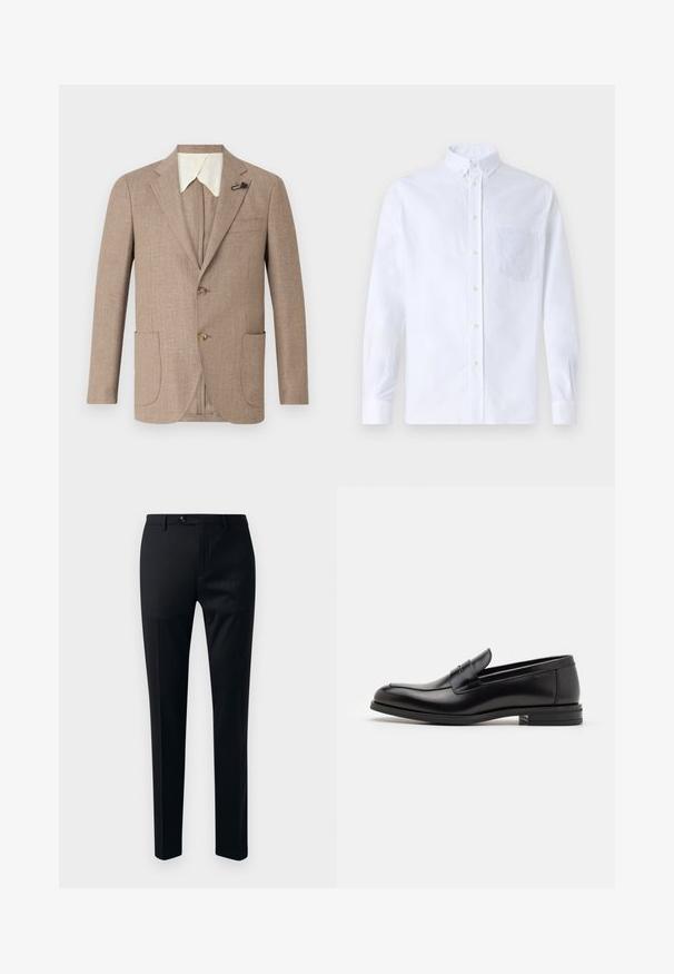 Gai brūns žakets ar teksturētu audumu, izgrieztām atlokām, divu pogu priekšpusi un divām priekšējām kabatām. Iezīmējas ar kontrastējošu baltu apkakli.; Balts garo piedurknēm krekliņš ar pogām, izgatavots no kokvilnas, ar krūšu kabatu ar tonālu izšuvumu, apkakli un pogām pie piedurknēm.; Melni bikses ar gludu audumu, sašaurināta kāju dizainu, vienu pogu aizdari un sānu kabatām lietderībai.; Melnas ādas kurpes ar gludu tekstūru, noapaļu purngalu un dekoratīvu siksniņu pāri priekšpusei. Zems sakrauts papēdis, minimālisma dizains.