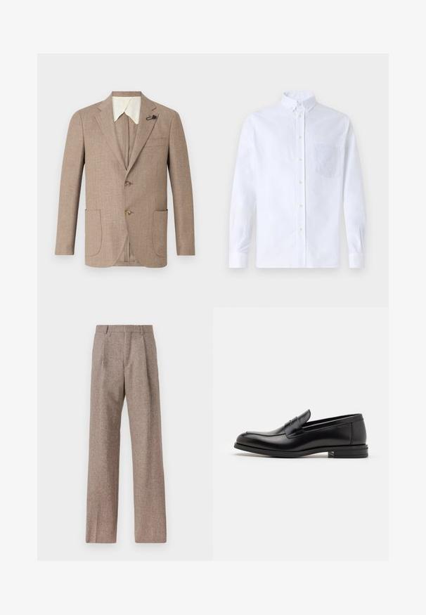 Giacca color marrone chiaro in tessuto testurizzato, con revers a nota, frontale a doppio bottone e due tasche frontali applicate. Presenta un colletto bianco a contrasto.; Camicia bianca a maniche lunghe con bottoni, realizzata in cotone, caratterizzata da una tasca sul petto con ricamo tonale, colletto e polsini con bottoni.; Pantaloni marroni a vita alta realizzati in tessuto testurizzato. Presentano gambe ampie e due pieghe frontali per struttura. Rifinitura curata senza hardware visibile.; Mocassini neri in pelle con una texture liscia, punta arrotondata e una striscia decorativa sulla tomaia. Tacco basso impilato, design minimalista.