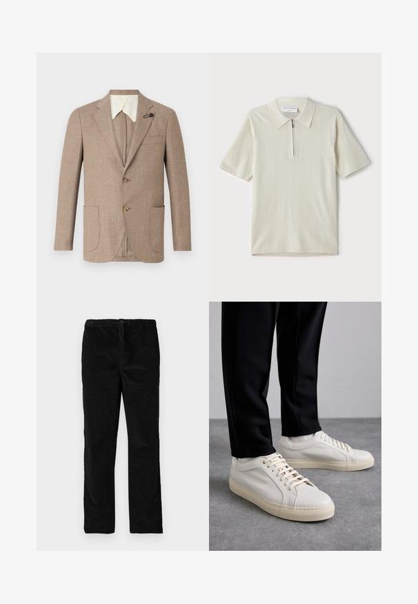 Giacca color marrone chiaro in tessuto testurizzato, con revers a nota, frontale a doppio bottone e due tasche frontali applicate. Presenta un colletto bianco a contrasto.; Polo a maniche corte in beige chiaro con colletto zip. Realizzato in tessuto morbido, presenta un design semplice e moderno, privo di motivi.; Pantaloni neri in velluto a gamba dritta con vita elastica e cordoncino anteriore, esposti su uno sfondo bianco uniforme.; Sneaker in pelle beige chiaro con lacci piatti, superficie texturizzata e suola in gomma di colore crema in contrasto, abbinati a pantaloni neri a sigaretta.