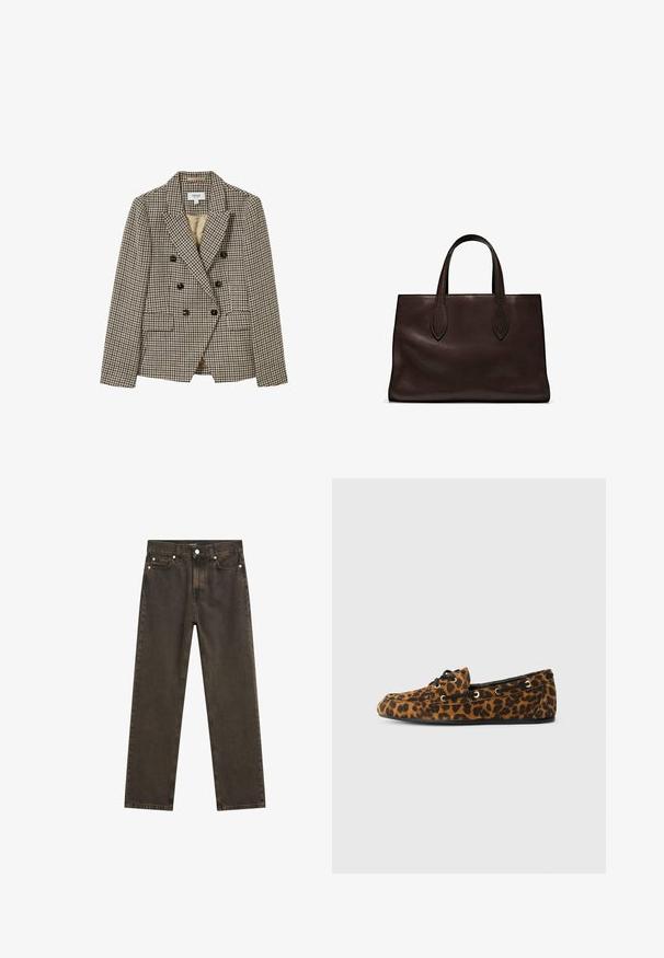 Beige- und braun kariertes Double-Breasted-Blazer mit spitzen Revers, zwei Vorderaschen und schwarzen Knöpfen. Gefüttertes Innenfutter.; Dunkelgrüner Rollkragenpullover aus weichem Stoff, mit langen Ärmeln und geripptem Kragen, locker geschnitten und mit minimalistischem Design.; Dunkelbraune gerade geschnittene Jeans aus Denim mit einem klassischen Fünf-Taschen-Design, metallischen Beschlägen und sichtbaren Nähdetails.; Leder-Loafers mit Leopardenmuster, weicher Textur, runder Form, schwarzen Schnürsenkeln und goldenen Ösen, ausgestattet mit einer flachen Gummisohle.; Braune Ledertasche mit zwei langen Griffen, strukturierte rechteckige Form, glatte Textur und dezente Nähdetails.; Silberner gedrehter Ring mit wellenförmigem Design. Glatte Textur und reflektierendes Finish, mit zwei ineinandergreifenden Abschnitten für einen nahtlosen Look.