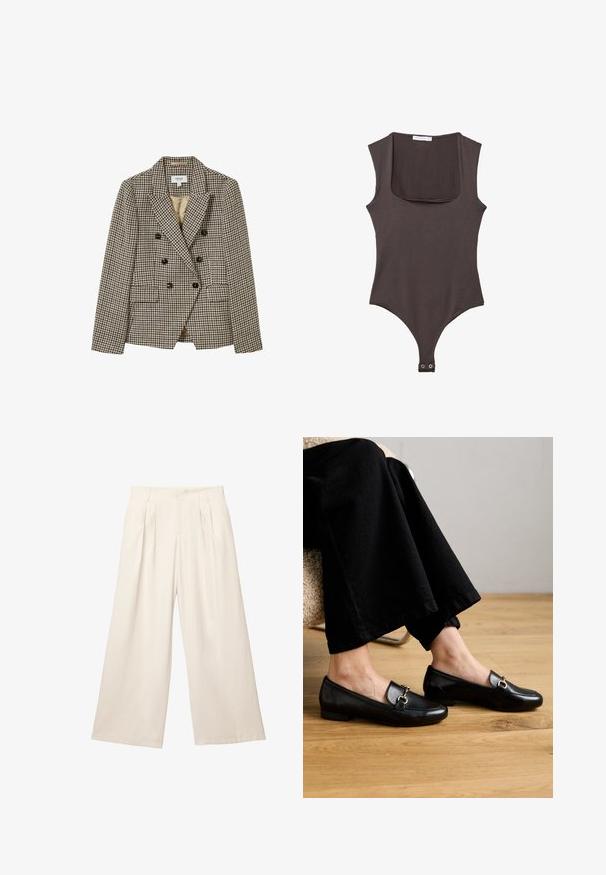 Blazer doppiopetto beige e marrone con motivo a scacchi, con rever a punta, due tasche frontali e bottoni neri. Interno foderato.; Body marrone senza maniche con scollatura quadrata, realizzato in tessuto morbido. Presenta una chiusura con snap nella parte inferiore e una silhouette aderente.; Pantaloni a gamba larga di un leggero colore beige con un tessuto morbido e texture. Presentano pieghe frontali e una vita elasticizzata per una vestibilità comoda.; Mocassini in pelle nera con punta quadrata e tacco basso, dotati di un accento decorativo in metallo dorato sulla parte superiore.