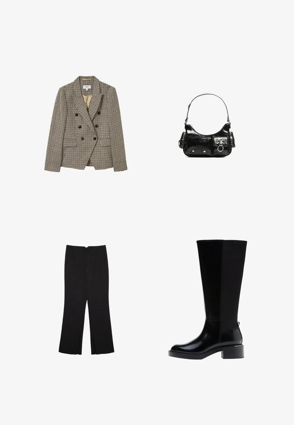 Bež i smeđi sako s dvostrukim kopčanjem u uzorku houndstooth s oštrim reverima, dva prednja džepa i crnim dugmadima. Obložen unutrašnjost.; Crni dugi rukav uski crop top s okruglim izrezom, jednostavnog dizajna i blago zakrivljenim rubom.; Crne hlače ravnog kroja, s prednjim džepovima i bočnim prorezima na rubu. Izrađene od mekog i glatkog materijala. Pogodne za razne prigode.; Crna čizma do koljena s glatkom kožnom završnom obradom, istaknutim šavovima, masivnom petom i teksturiranim stražnjim panelom za dodatni interes.; Crna patentna kožna torba s zakrivljenim oblikom, jednim remenom za rame, prednjim džepovima i akcentima od srebrnog tona.