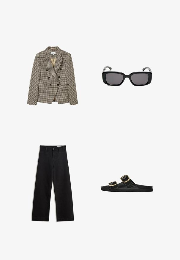 Blazer doppiopetto beige e marrone con motivo a scacchi, con rever a punta, due tasche frontali e bottoni neri. Interno foderato.; Top senza maniche marrone con scollo quadrato, realizzato in tessuto morbido ed elastico. Presenta un design aderente e cuciture piatte.; Pantaloni in denim neri a gamba larga con vita alta, dotati di tasche anteriori e posteriori, cuciture a punto, e chiusura con bottone. Texture liscia.; Infradito neri con due accenti di fibbia dorata, materiale dalla texture liscia, suola piatta e design minimalista.; Occhiali da sole neri rettangolari con lenti scure, montatura in plastica liscia e tempie curve. Il design è voluminoso con un'estetica minimalista.