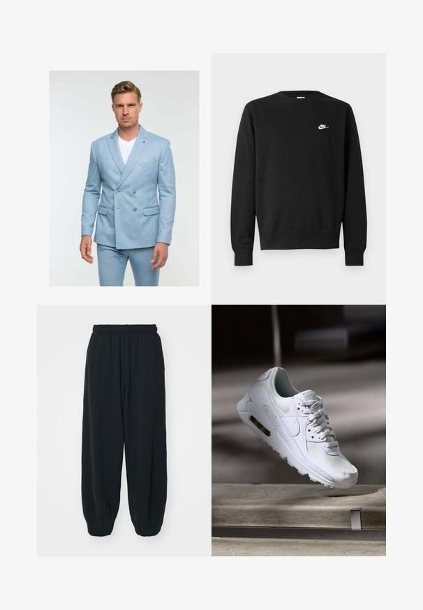 Svjetloplavi dvoredni sako od teksturirane tkanine, s dva dugmeta, bočnim džepovima i dizajnom s reverima.; Črna majica s kapuco, okroglo izrezano ovratnikom, dolgimi rokavi in rebrastimi manšetami. Na prsih je majhen bel logotip Nike. Mehka tekstura.; Črne, elastične hlače za prosti čas z ohlapnim krojem, manšetami na gležnjih, gladko teksturo in brez vidnih vzorcev ali dodatkov.; Bela Nike Air Max 90 športna obutev z mrežastim in usnjenim zgornjim delom, perforiranim prstnim delom in vidno zračno enoto v peti.