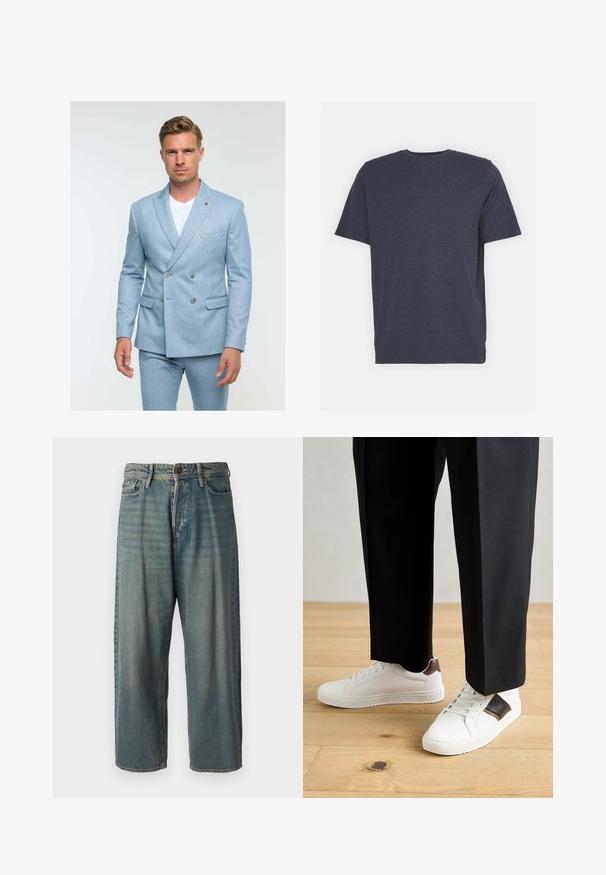 Light blue double-breasted suit jacket made of textured fabric, featuring two buttons, side pockets, and a notch lapel design.; Navy blue crew neck t-shirt made of soft cotton blend fabric, with short sleeves and a regular fit. No visible patterns or accents.; Light blue denim jeans with a loose fit, mid-rise waist, and straight legs. Features five pockets, belt loops, and a button closure.; White sneakers with smooth texture, featuring brown leather accents and black detailing, paired with black tailored pants. Wooden floor background.