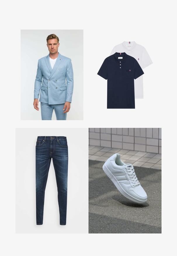 Sacou dublu cu nasturi, de culoare albastru deschis, fabricat dintr-un material texturat, cu două butoane, buzunare laterale și un design cu rever cu cut.; Două tricouri polo: unul albastru navy și unul alb, ambele având un mic accent roșu, alb și albastru pe buzunarul de la piept și guler.; Jeans din denim de culoare albastră închisă, cu o croială slim, ușor decolorate, cinci buzunare și închidere cu buton metalic. Detalii cusute în culori contrastante.; Adidași albi pentru sport cu superior din piele netedă, sistem de șireturi în față, vârf perforat și talpă cu model. Design minimalist cu trei dungi laterale.