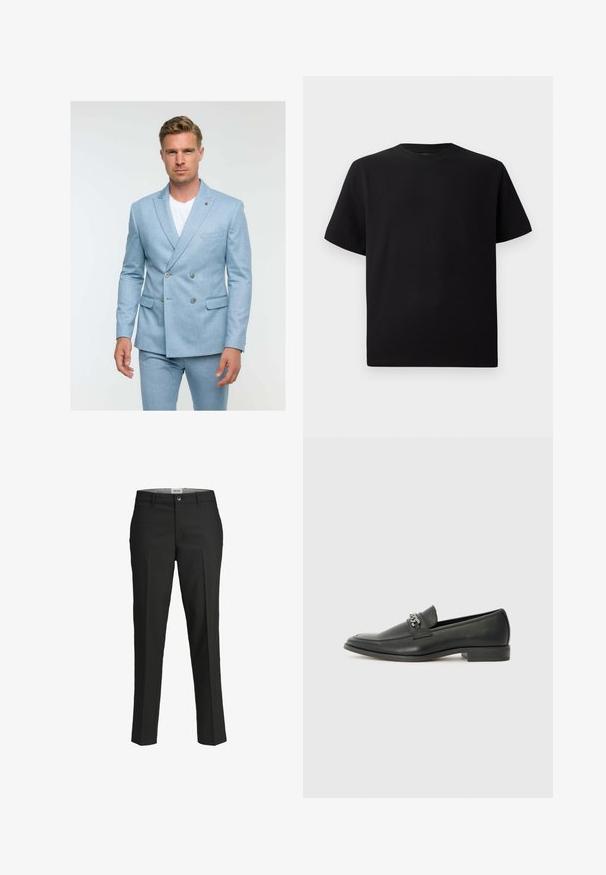 Lichtblauwe dubbelzijdige colbert gemaakt van gestructureerde stof, met twee knopen, zijzakken en een notch lapel ontwerp.; Zwarte T-shirt met korte mouwen van gemerceriseerd stof, met een ronde halslijn en een relaxte pasvorm. Eenvoudig, zonder patronen of accenten.; Zwarte broek, getailleerde pasvorm, gladde stof, middelhoge taille, sluiting met frontknop, diagonale zakken en plooien langs de benen.; Zwarte leren instapper met een gladde afwerking, voorzien van een gestikt ontwerp en een decoratieve metalen kettingaccent over de wreef. Platte hak.