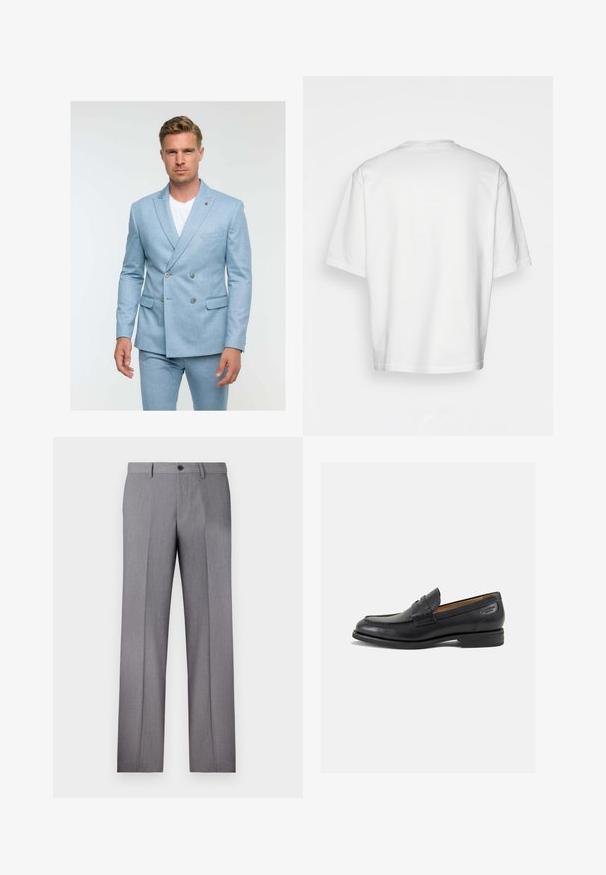 Hele sinine topeltrinnaline ülikondjakk, mis on valmistatud tekstuuritud kangast, millel on kaks nööpi, küljetaskud ja sälk-lapelsidisain.; Valge lühikeste varrukatega T-särk, lõdva lõikega, ümar kaelus, sileda puuvillase kangaga, kaunistamata selg, sirge alläär, ilma mustrite või aktsентideta.; Hallidega hallid püksid, millel on lame eesmine osa, kaks küljetaskut ja ühesnupuline kinnitis. Sile tekstuur koos peene triibumustriga.; Mustad mustad nahast loafers, sujuva viimistlusega, ümar sirge ja dekoratiivne tikand peal. Madal ja kergelt kuhjatud konts ning kerge läige.