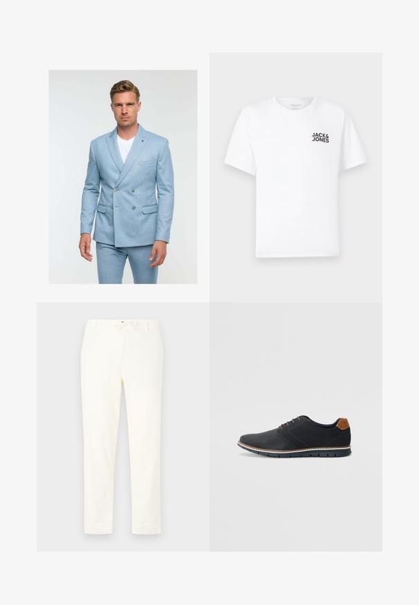 Svetlo modrý dvojradový sak vyrobený z textúrovanej tkaniny, s dvoma gombíkmi, bočnými vreckami a klopou so zárezom.; Biely bavlnený tričko, krátke rukávy, klasický výstrih. Obsahuje čierny textový logotyp "JACK & JONES" na ľavej strane hrudníka. Jednoduchý, hladký dizajn.; Biele, ľahké ľanové nohavice s elastickým pásom na šnurovanie. Rovný strih, minimálna textúra a žiadne viditeľné vzory alebo hardvérové detaily.; Čierne syntetické topánky so štruktúrovaným zvrškom, hladkými akcentmi, hnedým opätkom a kontrastnou podrážkou. Majú minimálne šnurovanie a detaily prešitia.