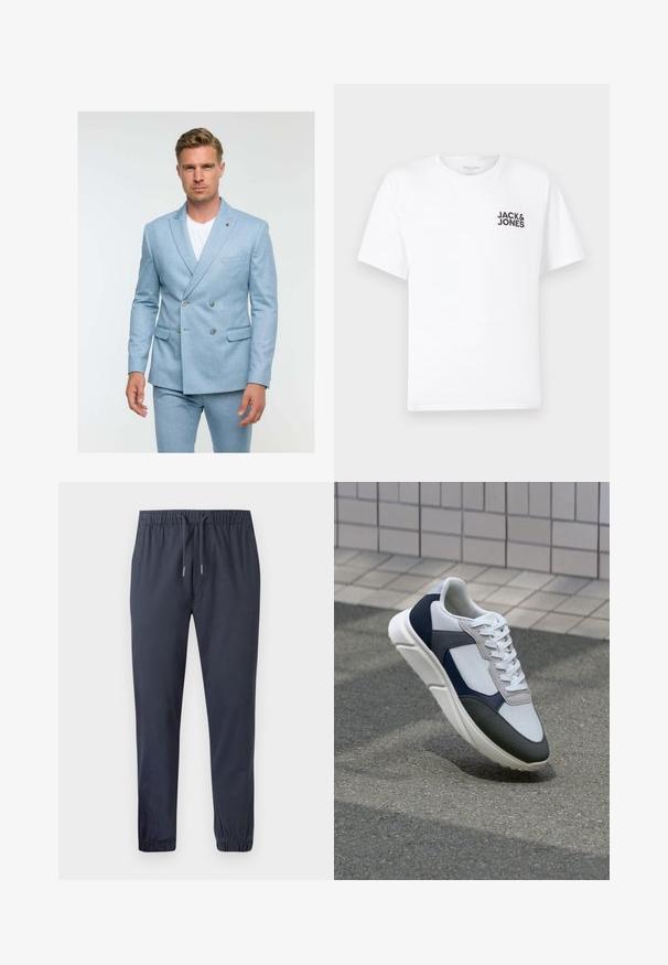 Lichtblauwe dubbelzijdige colbert gemaakt van gestructureerde stof, met twee knopen, zijzakken en een notch lapel ontwerp.; Witte katoenen t-shirt, korte mouwen, ronde hals. Kenmerkt zich door het zwarte tekstlogo "JACK & JONES" op de linkerkant van de borst. Eenvoudig, strak ontwerp.; Marineblauwe taps toelopende joggingbroek met een elastische tailleband, trekkoord en elastische boorden, gemaakt van een soepele, lichte stof.; Witte, marineblauwe en grijze sneaker met een gemengde materiaald ontwerp, met een gestructureerde bovenkant, platte veters en een gevoerde zool.