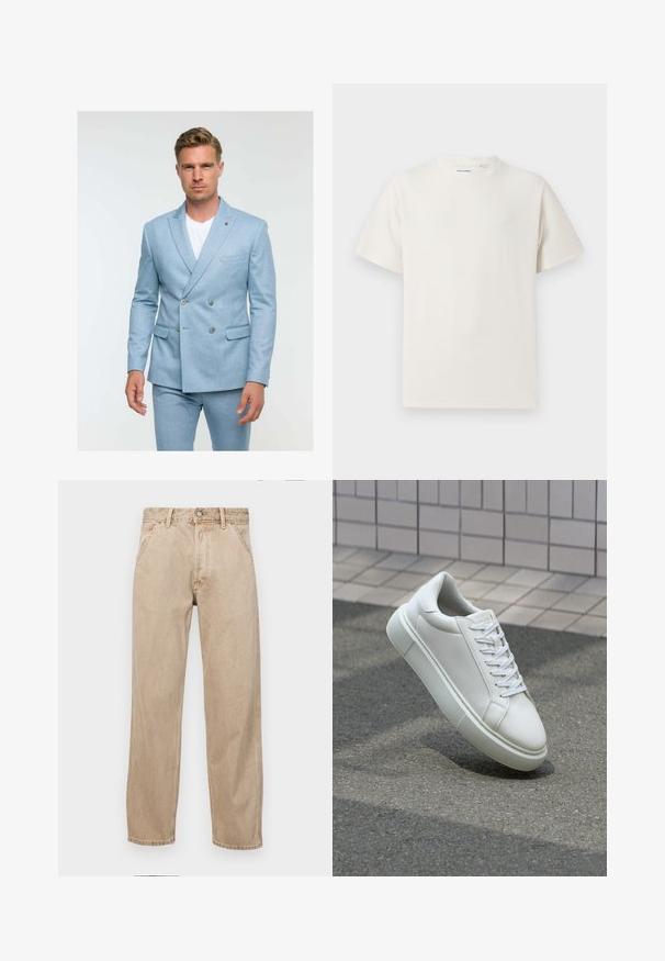 Gaiši zils divrindu uzvalka žakets izgatavots no teksturēta auduma, ar diviem pogām, sānu kabatām un atlocītu apkakli.; Balta krūštura īsām piedurknēm ar ribota auduma faktūru. Apaļš kakla izgriezums, brīvs griezums, bez redzamām rakstām vai akcentiem. Vienkāršs un daudzpusīgs dizains.; Beige džinsi ar taisnu kāju dizainu, ar priekšējiem kabatām, metāla pogu aizdari un smalku faktūru.; Baltas ādas sporta apavi ar gludu virsmu, apaļu pirkstu un plakanām baltām šņorēm. Iezīmējas ar strukturētu gumijas zoli un minimālisma dizaina elementiem.