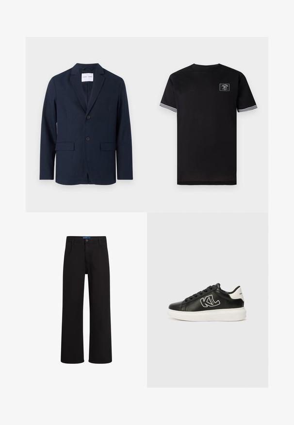 Marineblauer Blazer aus glattem Stoff, mit Reverskragen, zweiknöpfigem Verschluss und zwei Fronttaschen für zusätzlichen Nutzen.; Schwarzes Baumwoll-T-Shirt mit rundem Ausschnitt, kurzen Ärmeln und weißen Streifenakzenten. Verfügt über ein quadratisches Logopatch auf der Brust.; Schwarze gerade geschnittene Hosen mit Knopf- und Reißverschluss, Gürtelschlaufen und Seitentaschen, vor weißem Hintergrund präsentiert.; Schwarze Ledersneaker mit weißer Sohle, ausgestattet mit einem Schwarz-Weiß-Logo, flachen Schnürsenkeln und einer glatten Oberfläche. Klassisches Low-Top-Design.