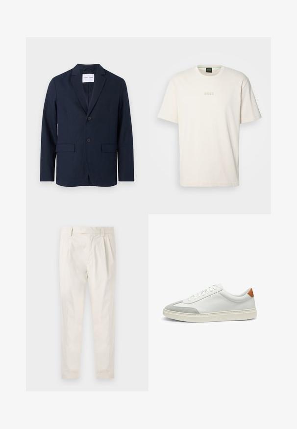 Navy blauwe blazer van gladde stof, met een gelapte revers, een twee-knopen front en twee frontzakken voor extra functionaliteit.; BOSS TEE - T-shirt basic - open white; Witte, geplooide broeken met een getailleerde pasvorm, met een gladde textuur, riemlussen en taps toelopende benen. Geen zichtbare zakken of patronen.; Witte leren sneakers met grijze suede accenten en een tan leren hieltab. Kenmerkt zich door een textuurovervlak en een lichtgewicht zool.