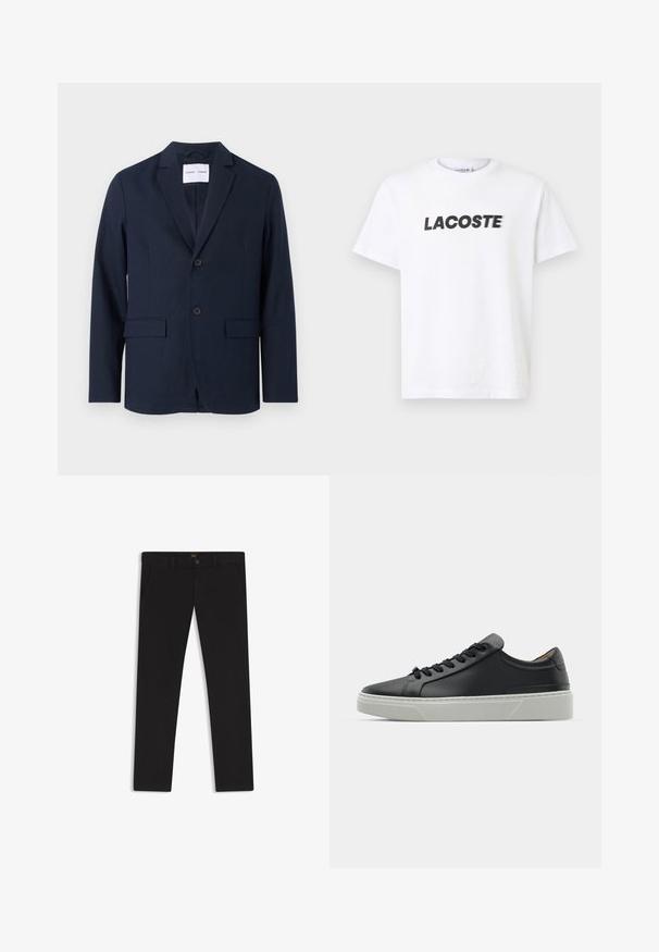 Marineblauer Blazer aus glattem Stoff, mit Reverskragen, zweiknöpfigem Verschluss und zwei Fronttaschen für zusätzlichen Nutzen.; Weißes Baumwoll-T-Shirt mit einem auffälligen schwarzen "LACOSTE"-Logo auf der Brust. Kurzärmlig und mit Rundhalsausschnitt.; Schwarze Hosen aus einem Stoff mit glatter текстуре. Verfügt über einen Knopfverschluss, Gürtelschlaufen und Seitentaschen. Klassisches Design mit geradem Bein.; Schwarze Ledersneaker mit glatter Textur, runder Zehenform und schwarzen Schnürsenkeln. Verfügt über eine dicke, weiße Gummisohle mit subtilen geometrischen Akzenten.
