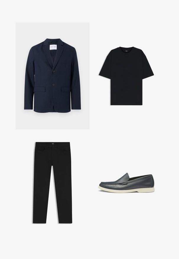 Navy blue blazer made of smooth fabric, featuring a notched lapel, two-button front, and two front pockets for utility.; Black cotton t-shirt with a round neckline and short sleeves. Features a loose fit and a simple design without patterns or accents.; Black denim trousers with a straight cut, featuring a standard waistband, five pockets, and a button closure. Smooth texture throughout.; Navy leather loafers with a smooth texture, slip-on design, and contrasting white rubber sole. Features a decorative stitched accent on the vamp.