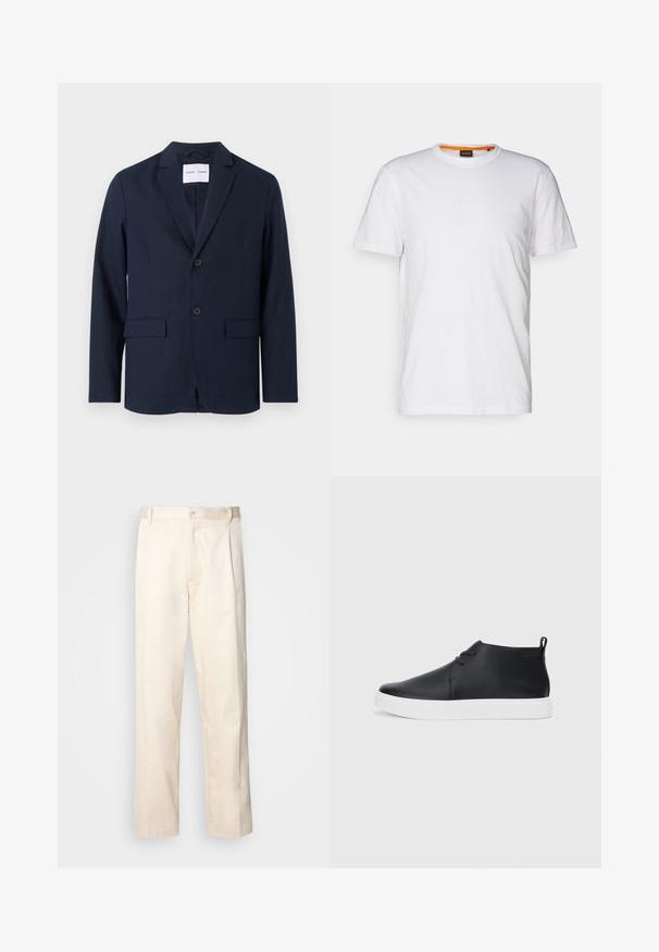 Tumesinine bleiser, valmistatud siledast kangast, millel on sälguga krae, kahe nupuga esikülg ja kaks esikotikut praktilisuse jaoks.; Valge puuvillane T-särk ümmarguse kaelusega, lühikeste varrukatega ja rinna peal diskreetse reljeefse logoga. Siseetiketil on oranž detail.; Beesidised puuvillased püksid sirge jala lõikega, mis on varustatud nööpkinnituse ja ees olevate voltidega, et lisada detaili.; Mustmust mustatooted, millel on sile nahk, valge kummist tald ja lihtne nööridega kinnitamine. Tagaküljel on tõmbeosadega.