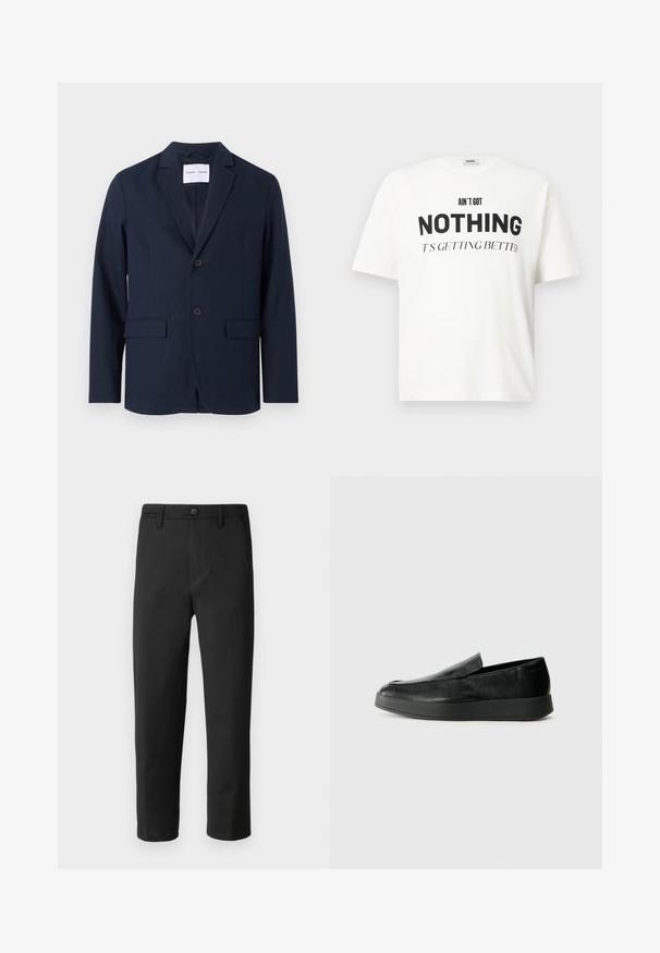 Marineblå blazer laget av glatt stoff, med notched lapel, to-knapps front og to frontlommer for nytte.; Hvit oversized t-skjorte med svart tekst "HAR IKKE NOE, DET BLIR BEDRE" trykt på fronten, kort erm, rund hals.; Sorte bukser med rett snitt, laget av glatt stoff. Har knappelukking og beltehemper. Ingen synlige mønstre eller accenter.; Calvin Klein HYBRID CUP - Slippers - triple black