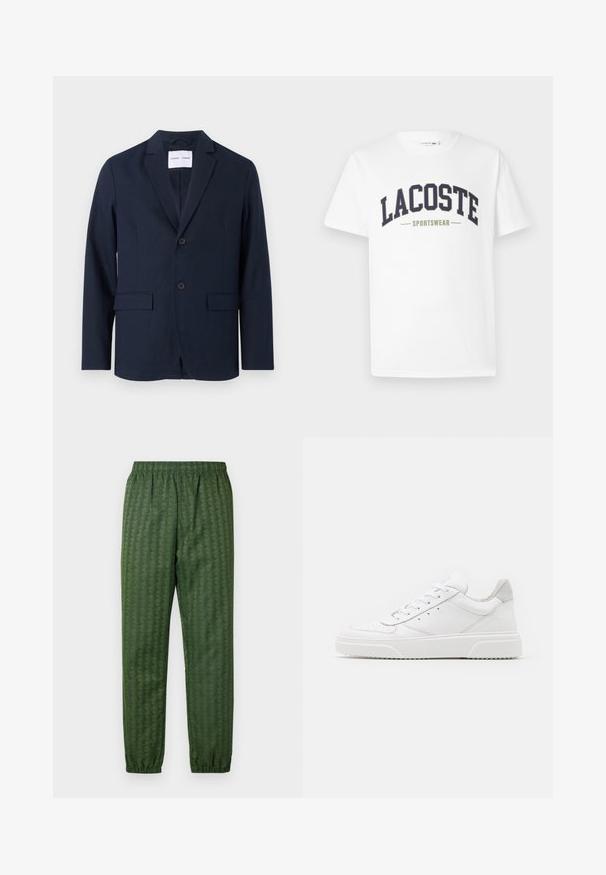 Marineblauer Blazer aus glattem Stoff, mit Reverskragen, zweiknöpfigem Verschluss und zwei Fronttaschen für zusätzlichen Nutzen.; Weißes T-Shirt aus Baumwolle mit einem in gebogener Form auf der Brust gedruckten Logo "LACOSTE SPORTSWEAR" in Marineblau und Olivgrün.; Grüne Sporthose mit Muster, elastischem Bund, schmal zulaufenden Beinen und durchgehend geometrischem Design. Hergestellt aus leichtem Material.; Weiße Leder-Sneaker mit glatter Oberfläche, rundem Zehenbereich, flachen Schnürsenkeln und strukturiertem Schuhsohlen. Graues Wildleder-Detail an der Ferse.