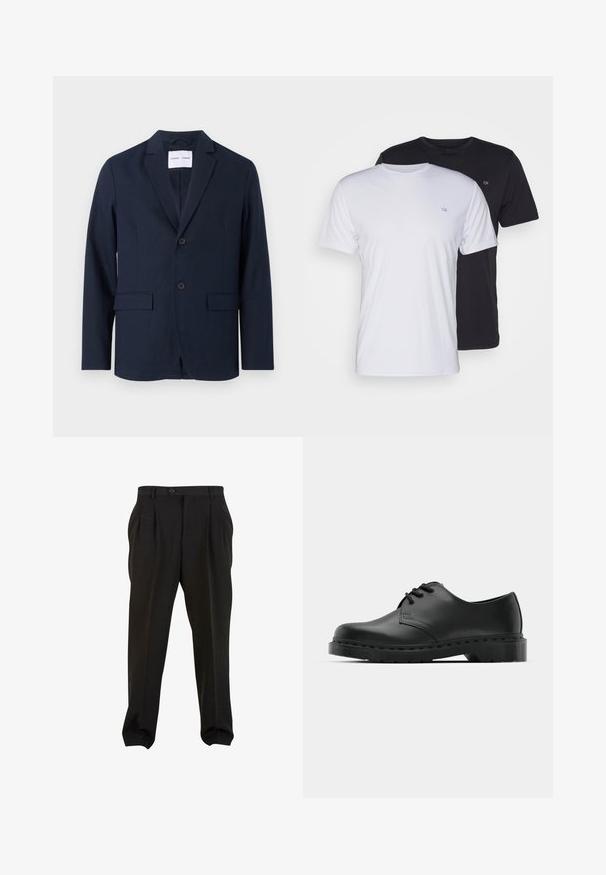 Marineblå blazer laget av glatt stoff, med notched lapel, to-knapps front og to frontlommer for nytte.; To bomulls t-skjorter i hvitt og svart, kortermet med rund hals, med en liten logo på brystet, glatt tekstur.; Sorte bukser med et glat stof, der har frontplisseringer, en knap i taljen og tapered ankler. Klassisk skræddersyet silhuet.; Svarte lær oxford-sko med snøring, rund tå, flat gummisåle og diskret sømdetalj langs overflaten.