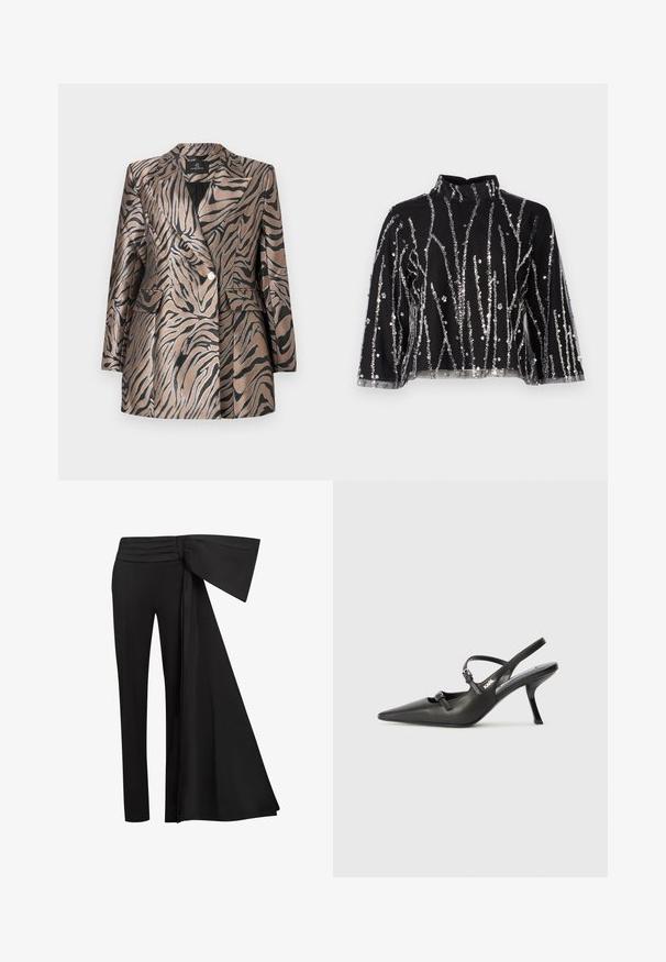 Metaliczna brązowa marynarka w czarne paski zebry, z podwójnym zapięciem, kołnierzem z wycięciem i dwoma przednimi kieszeniami.; Czarny krótki top z wysokim dekoltem, zdobiony pionowymi liniami z srebrnych cekinów, z przezroczystymi rękawami oraz fakturowanym materiałem.; Czarne spodnie z szerokim, drapowanym paskiem w talii. Gładki materiał, prosty krój nogawki i plisowany pasek w talii.; Czarne skórzane sandały na obcasie typu slingback z wydłużonym noskiem, smukłym obcasem i ozdobnym zapięciem na cholewce. Gładka tekstura i elegancka forma.
