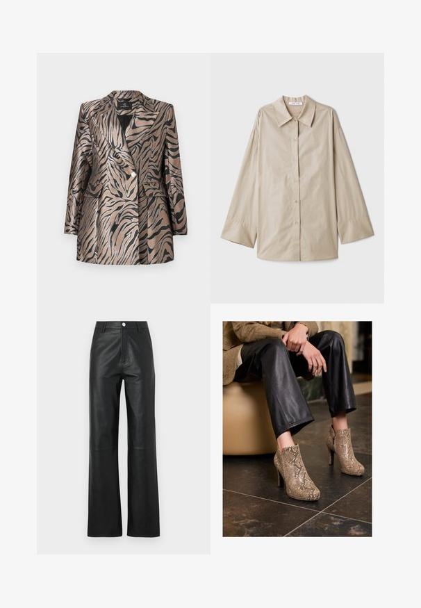 Metallinen pronssinvärinen bleiseri mustilla tiikeri raidalla, jossa on kaksirivinen malli, kaulakäänteet ja kaksi etupokka.; Beige pitkähihaine paita, jossa on suuri terävä kaulus, nappisulku ja leveät hihansuut. Valmistettu sileästä, kevyestä kankaasta.; Mustat nahkahousut, joissa on sileä pinta, leveä lahjesuunnittelu, etupainikekiinnitys ja hienovaraiset ommelk yksityiskohdat.; Henkilö, joka on pukeutunut mustiin nahkahousuihin ja beigekirjavaan käärmeennahkakuosiset nilkkakorkokenkiin, istuu beigellä istuimella sisätiloissa.