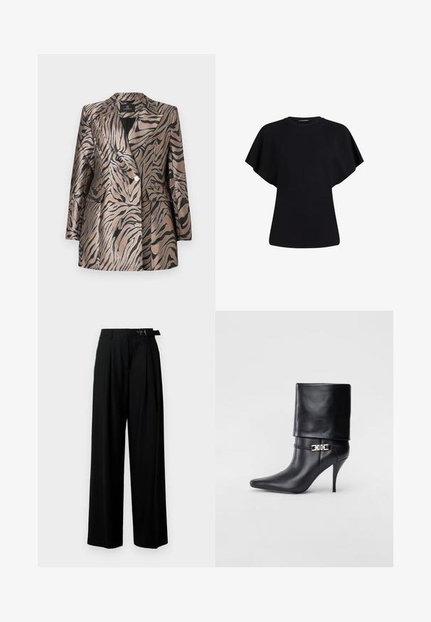Metalický bronzový blazer s černými pruhy zebry, který má dvouřadý design, klopový límec a dvě přední kapsy.; Černý top s krátkým rukávem vyrobený z lehké látky, s uvolněným střihem a bezešvou konstrukcí. Jednoduchá a univerzální struktura.; Černé široké kalhoty s vysokým pasem, záhyby vpředu a páskem s přezkou. Vyrobené z hladké, lehké tkaniny.; Černé kožené kotníkové boty s špičatou špičkou, vysokým stiletto podpatkem, ohrnovací manžetou a zlatým ozdobným přezkovým detailem na kotníku.