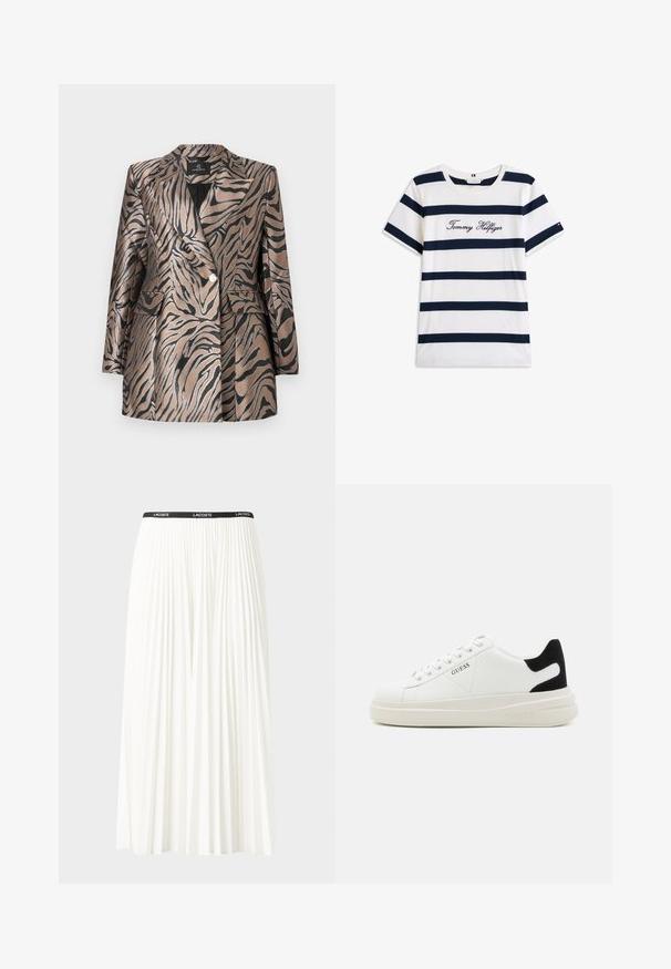 Metallic bronzefarvet blazer med sorte zebra-striber, der har et dobbeltknapdesign, klapkrave og to frontlommer.; T-shirt i bomuld med vandrette marineblå striber på en hvid baggrund. "Tommy Hilfiger" broderet i kursiv på brystet. Rund hals.; Plisseret hvid nederdel med en sort elastisk talje, der har "LACOSTE"-logoet. Mellemlang design med blød tekstur.; Hvide lædersneakers med en tyk hvid sål, sort ruskindhælvægt og prægede logoer på siden. Snørebåndsdesign med seks øjer.