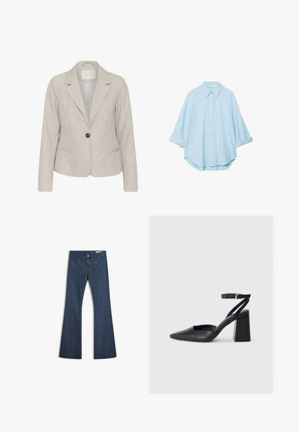 Light gray blazer with vertical stripes, single button closure, notched lapels, and side pockets. Made from smooth fabric with a tailored fit.; Light blue shirt made from a soft fabric, featuring a classic collar, button-down front, and rolled sleeves for a relaxed fit.; Dark blue flared denim jeans with stitched pockets, a button closure, and a smooth texture. Features a classic five-pocket design.; Black leather pointy-toe pump with an ankle strap and a chunky heel. Flat texture, sleek design, and minimalistic aesthetics.