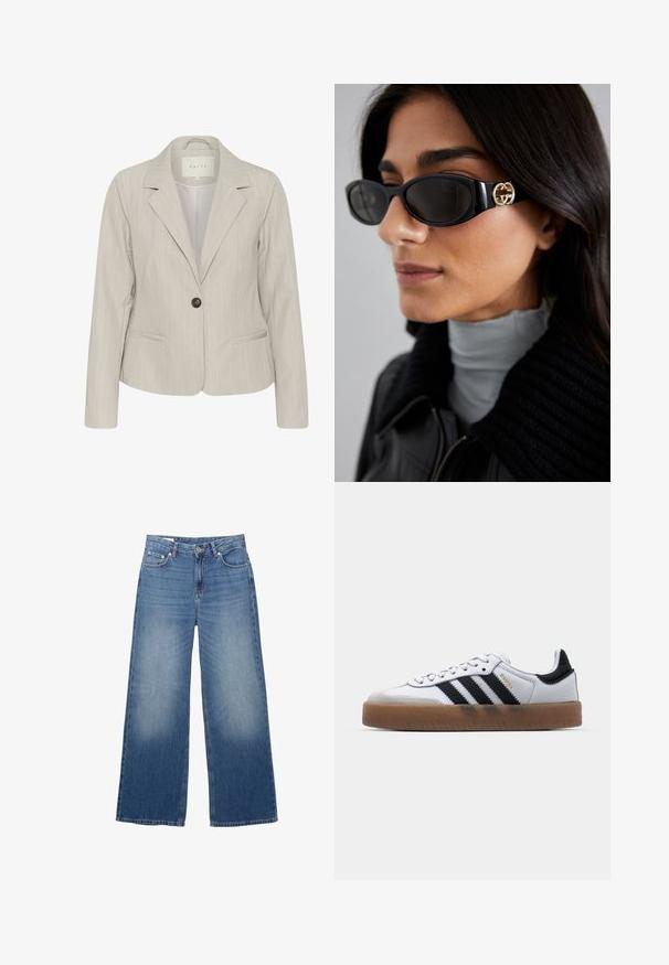 Ljust grå kavaj med vertikala ränder, enkelknappslåsning, skärmade kragar och sidofickor. Tillverkad av ett slätt tyg med en skräddarsydd passform.; Jeansskjorta, mörk indigo färg, klassisk krage, långa ärmar, knäppning med knappar, accentuerad med ett brunt läderbälte i midjan.; Vida jeans i ljusblå denim med en urtvättad look, fem fickor och knappstängning i midjan. Tillverkade av bomull, rak passform.; Vita läderskor med svarta ränder, sula av gummigummi, rund tå, snörning och mjuk grå mocka vid tån.; Svarta solglasögon med en elegant rektangulär ram och en guldfärgad logotypaccent på sidan. Mörka linser och en blank yta är framträdande.