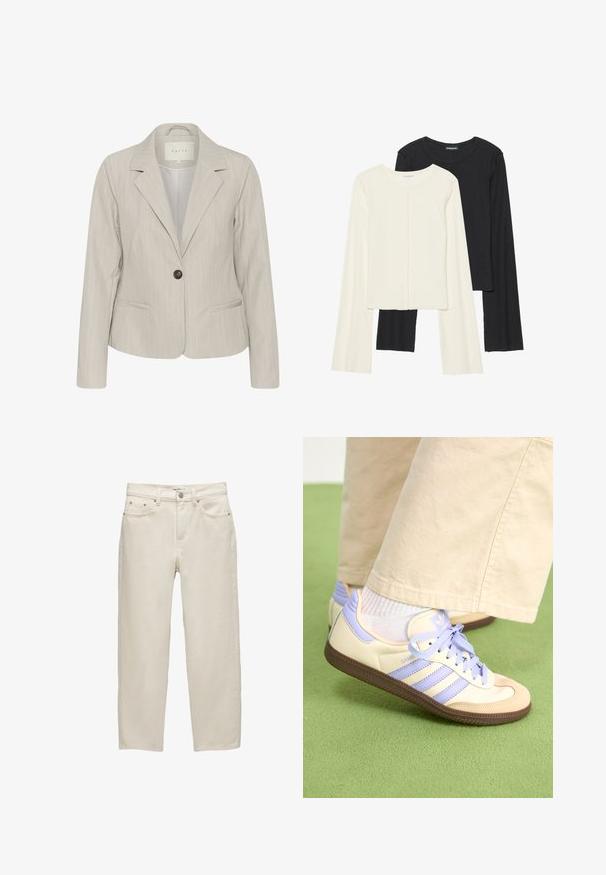 Világosszürke blézer függőleges csíkokkal, egysoros gombolással, kivágott gallérral és oldzsebekkel. Simára szőtt anyagból készült, testhezálló fazonnal.; Két darabból álló hosszú ujjú felsők szettje fehér és fekete színben. Bordás textúra, kerek nyakkivágás, testhez simuló fazon, enyhén bővülő ujjakkal.; Fehér farmernadrág laza szabással, egyenes szárral, öt zsebes kialakítással, valamint finom textúrájú fém kiegészítőkkel.; Krém és levendula színű sportcipők három csíkkal és texturált barna talppal, fűzőkkel és párnázott sarokkal. Puha anyagú felsőrész.