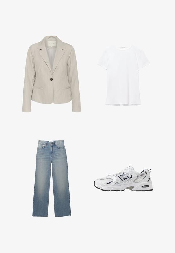 Jasnoszary blazer w pionowe paski, z pojedynczym zapięciem na guzik, klapami notched oraz bocznymi kieszeniami. Wykonany z gładkiego materiału z dopasowanym krojem.; Biały krótki rękaw t-shirt wykonany z gładkiego materiału, z okrągłym dekoltem i subtelnymi detalami szycia na dole.; Jasnoniebieskie jeansy o szerokich nogawkach, wykonane z dżinsu, z wysokim stanem, kieszeniami z przodu i zapięciem na guzik. Gładka tekstura z wyblakłymi miejscami.; Białe sportowe buty z siateczkową cholewką, granatowymi akcentami i wyściełaną podeszwą. Posiadają logo "N", sznurówki oraz teksturowany detal po boku.