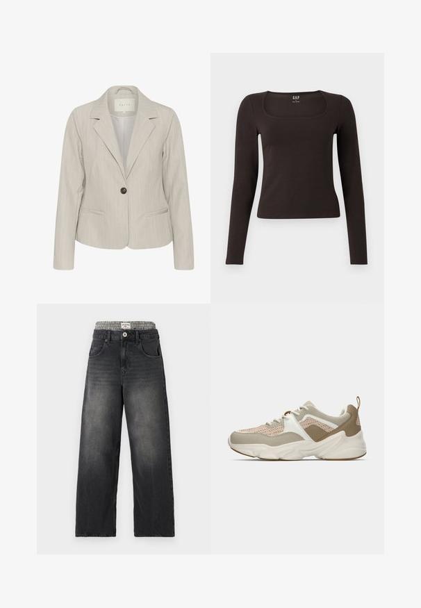 Lichtgrijze blazer met verticale strepen, enkele knoopsluiting, reverskraag en zijzakken. Gemaakt van een gladde stof met een getailleerde pasvorm.; Zwarte lange mouwen, getailleerde top met een vierkante halslijn, gelabeled GAP, weergegeven op een witte achtergrond.; Zwarte denim wijde jeans met een houndstooth patroon op de tailleband. Kenmerken zijn onder andere voorzakken en een knoopsluiting. Beschadigd textuur.; Lichte sneakers met een beige mesh bovenwerk, witte accenten en getextureerde tan details. Chunky rubberen zool met een uniek golfpatroon.