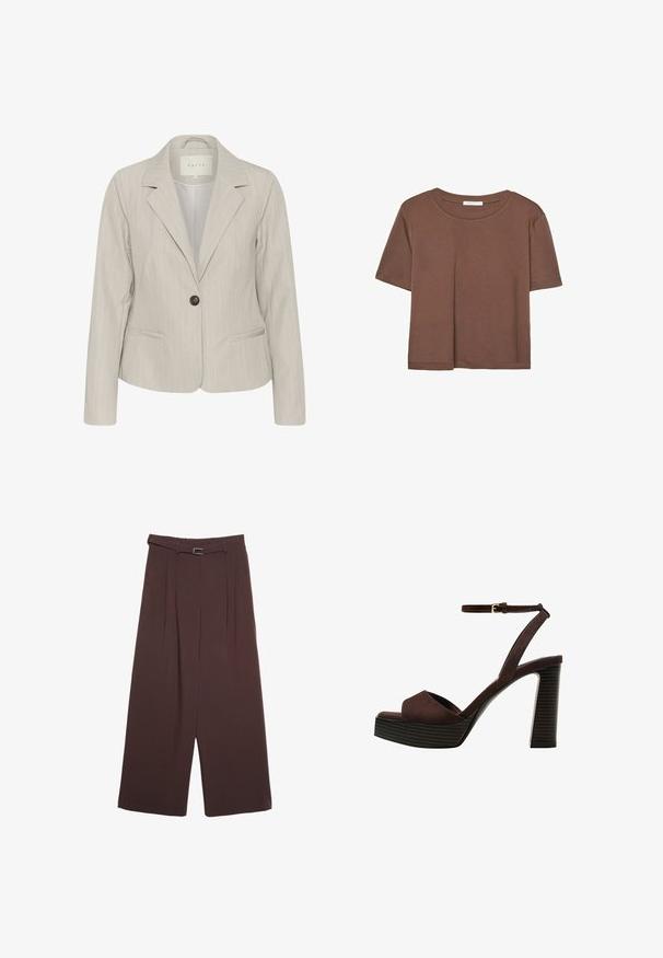 Hellgrauer Blazer mit vertikalen Streifen, Einknopfschluss, aufgesetzten Revers und seitlichen Taschen. Hergestellt aus glattem Stoff mit taillierter Passform.; Braunes, kurzärmliges T-Shirt aus weichem Material mit rundem Halsausschnitt und lockerer Passform. Keine sichtbaren Muster oder Akzente.; Stradivarius WIDE-LEG WITH BUCKLE DETAIL - Stoffhose - dark brown; Braune Wildleder-Pumps mit offenem Zeh, verstellbarem Knöchelriemen und gestreiftem Plateausohlen.